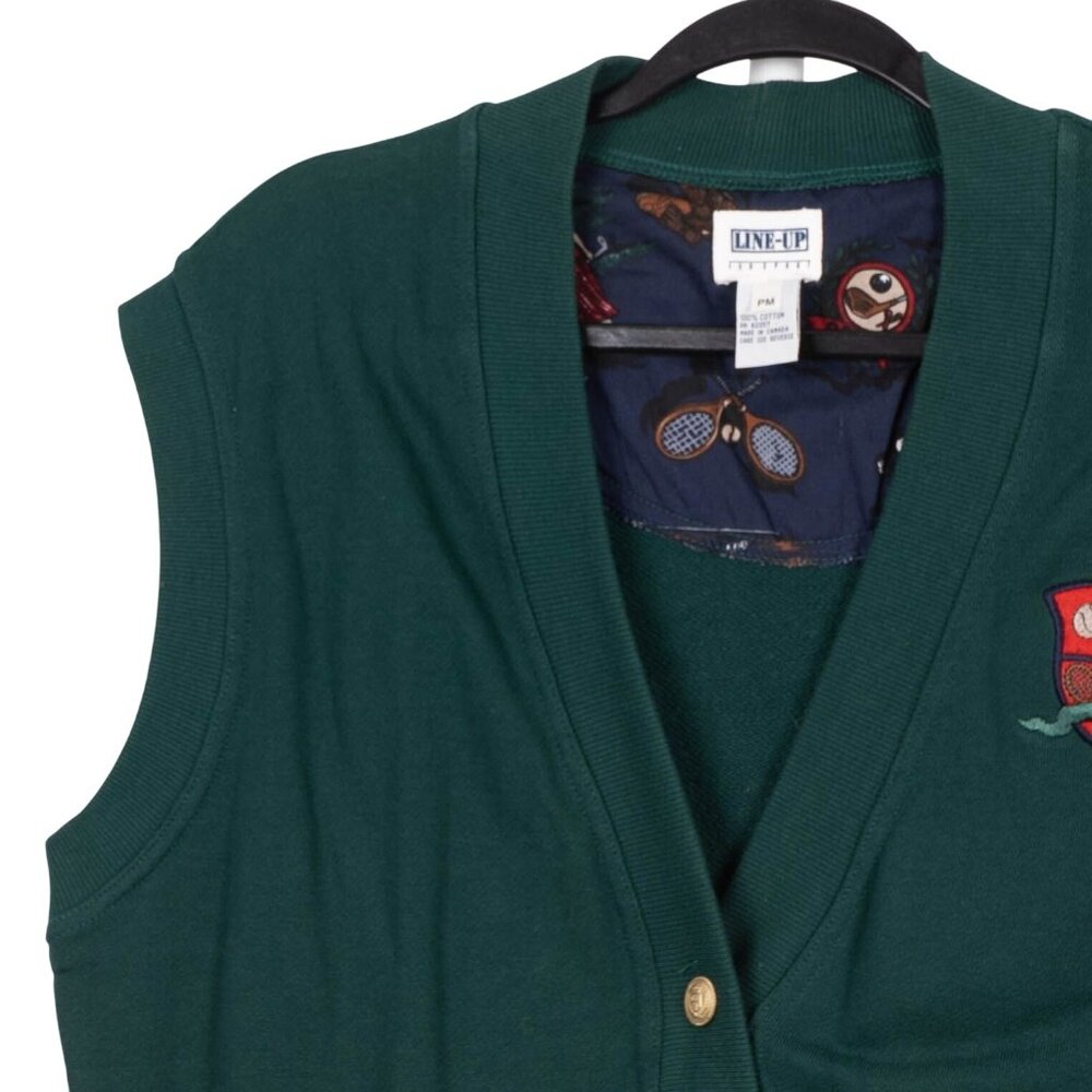Line-Up Sweatshirt Vest PM Womens VTG Green Buttons Embroidered Crest Sports - Picture 2 of 6